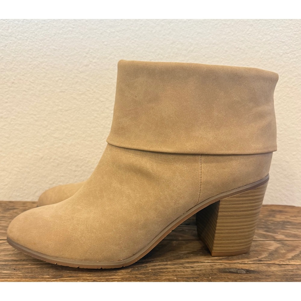 BC Footwear Tan Faux Suede Fold Over Cuff Block Heel Ankle Boots Womens 10